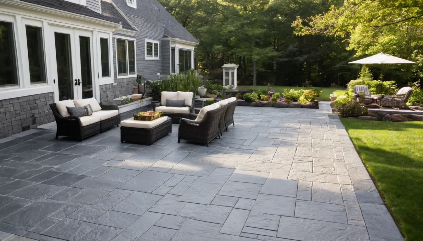 Stamped concrete patio with a slate pattern behind a home in the Shelton area